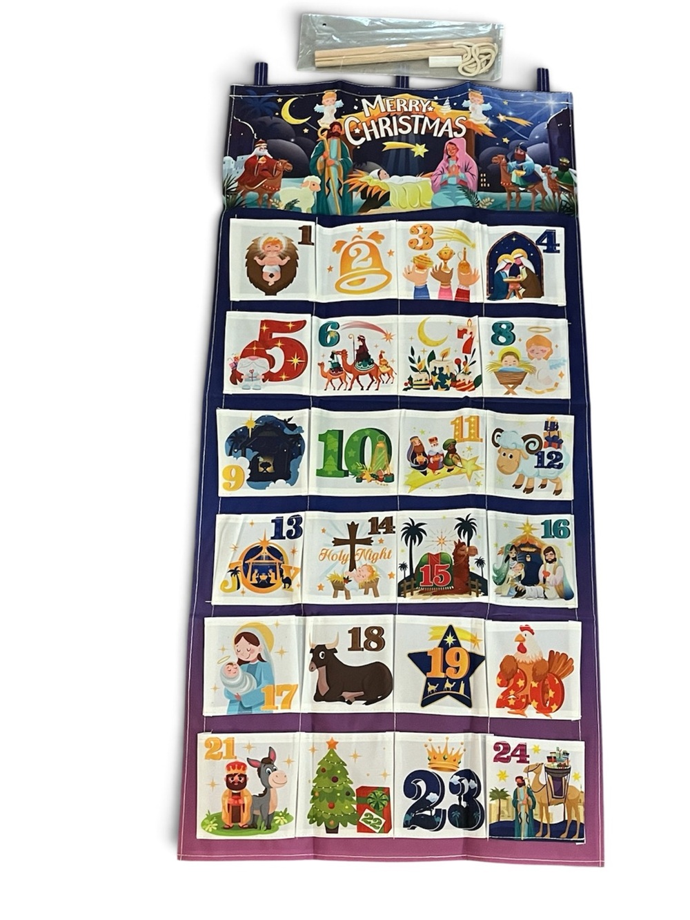 Nativity Christmas Advent Calendar with Pockets & Hanging Wooden Dowel 🎄✨